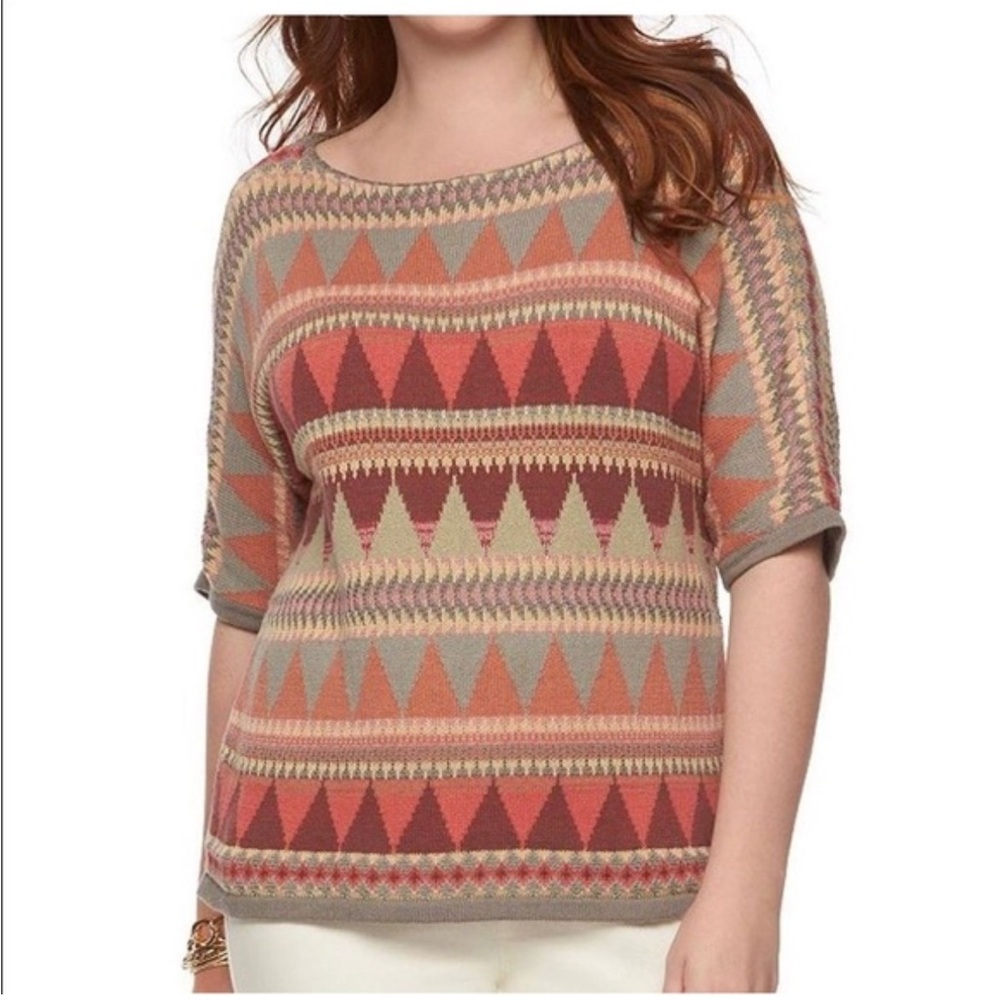 CHAPS Women’s Plus Colorful Aztec Southwestern Boatneck Short Sleeve Sweater